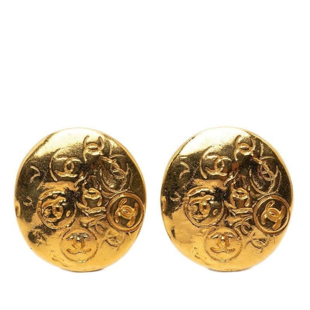 Chanel CC Logo Round Gold Plated Earrings